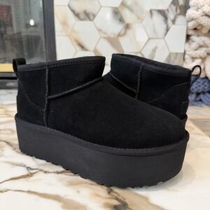 UGG Classic Ultra Mini Platform Black Suede Sheepskin Lined Ankle Boots Womens 6